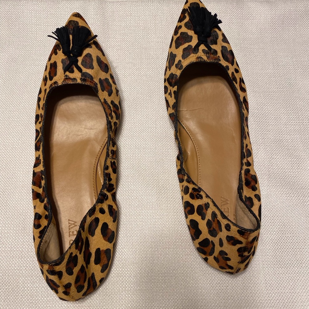 J Crew Leopard calf hair tassel stretch flats